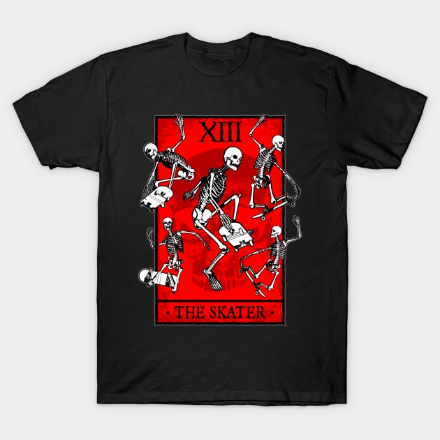 The Skater Tarot Card Skateboarding Occult Skeletons Red T-Shirt by Grandeduc